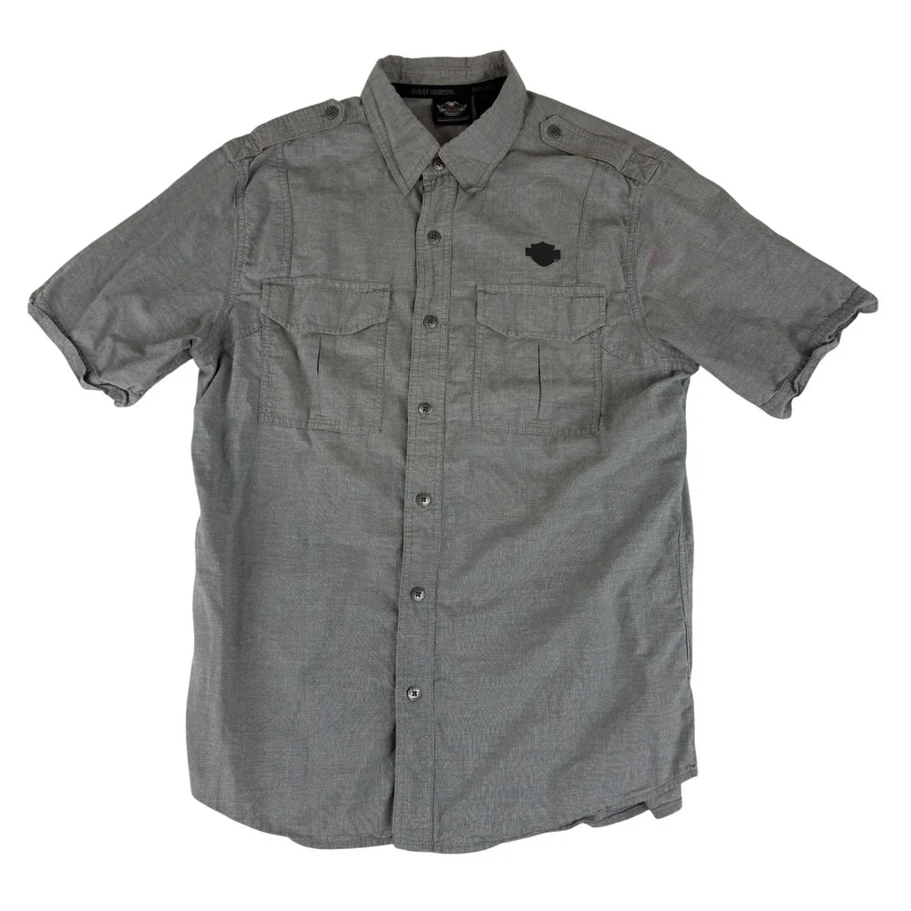 Harley Davidson Button Down Shirt Mens L Grey Short Sleeve Graphic Epaulet 59615